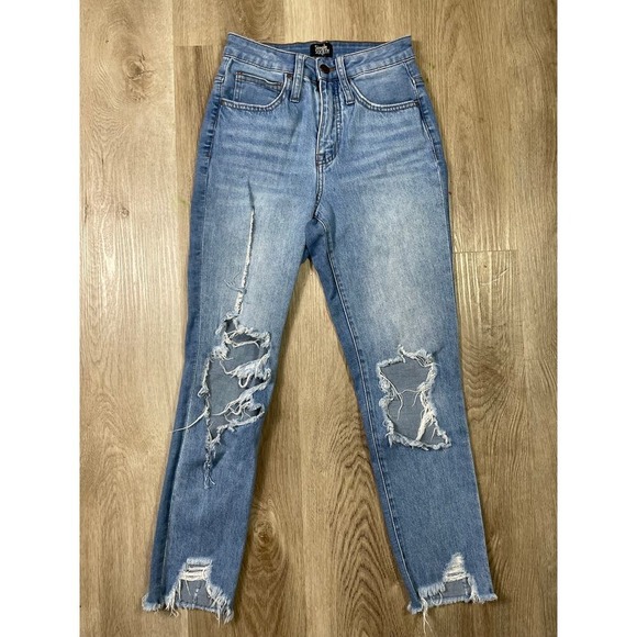 Simple Society Women's Distressed Ripped Jeans Light Wash High Rise Raw Hem 0/24 - Picture 4 of 10